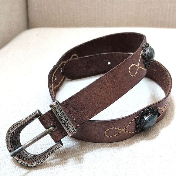 Brown Leather Belt with Cabachon Stone Medallions & Silver Scroll Work Buckle - Picture 1 of 10